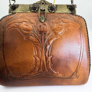 Vintage Tooled Leather Art Nouveau Floral Handbag Purse Arts & Crafts JEMCO